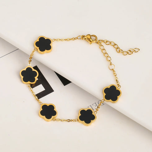 Adjustable Gold-Plated Stainless Steel Plant Flower Bracelet for Women – Trendy Clover Design with Five Leaf Petals, Waterproof & Anti-Allergic Jewelry Gift